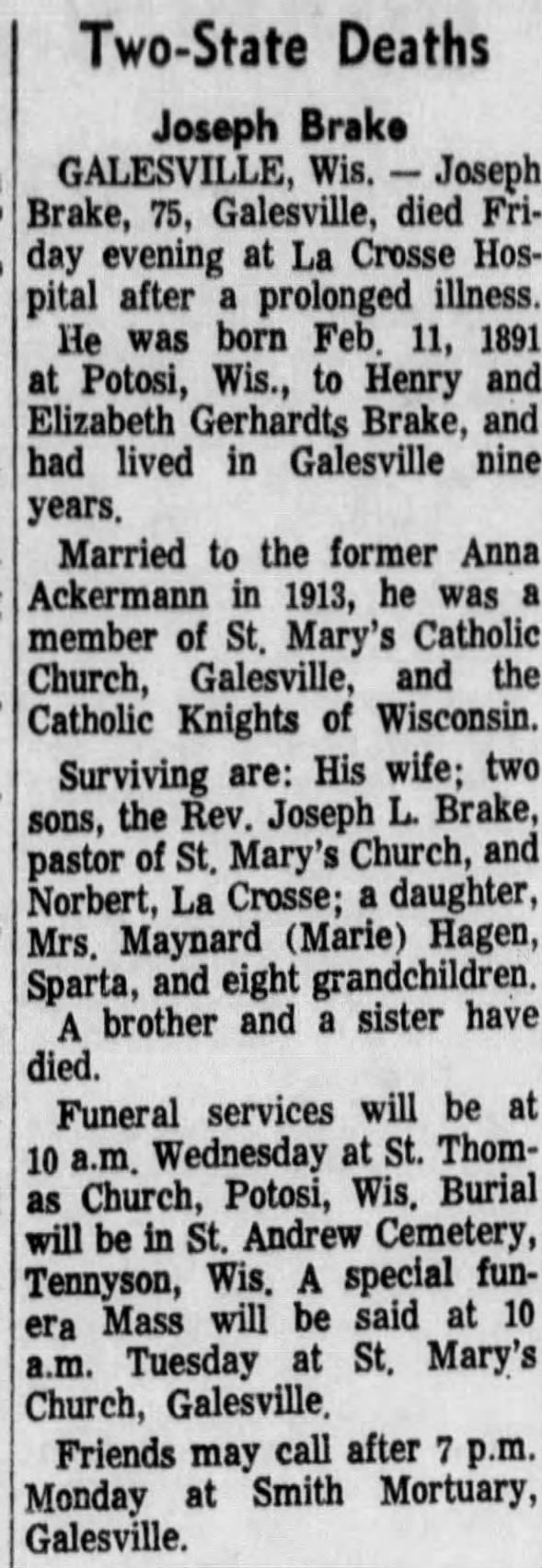 Obituary for Joseph Brake (Aged 75)